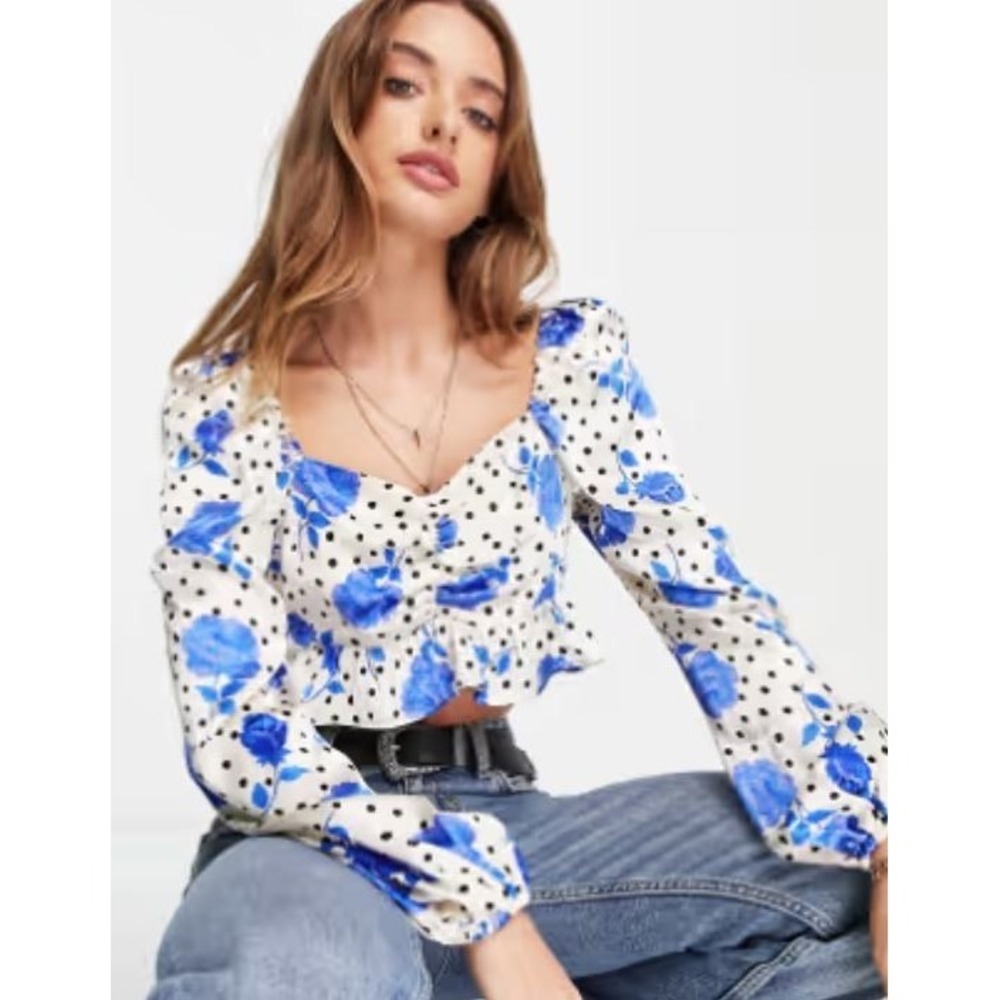 Topshop Women's Sweetheart Long Sleeve Satin Crop Top in Blue Rose Polka Size 8
